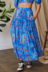 Davi & Dani Printed Smocking Waistband Ruffled Maxi Skirt OCEAN BLUE OutfitFlow