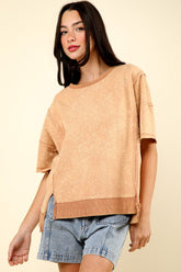 VERY J Round Neck Exposed Seam Slit T-Shirt Mocha OutfitFlow