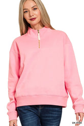 Zenana Fleece Half Zip Sweatshirt DK PINK OutfitFlow