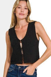 Zenana Hook and Eye Closure V-Neck Sweater Vest Black OutfitFlow