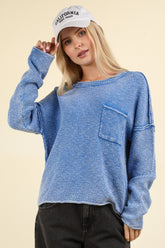 VERY J Mineral Washed Exposed Seam Sweater Blue OutfitFlow