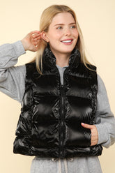 VERY J Shiny Metallic Zip Up Puffer Vest Black OutfitFlow
