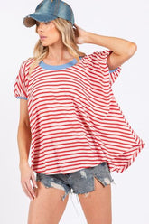 Ces Femme Striped Round Neck Short Sleeve T-Shirt Red OutfitFlow