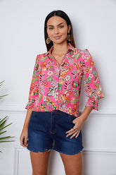 Floral Button Up Flounce Sleeve Shirt Deep Red OutfitFlow