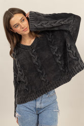 HYFVE Cable Knit V-Neck Dropped Shoulder Oversized Sweater Charcoal OutfitFlow
