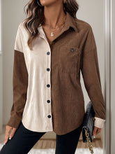 Perfee Pocketed Contrast Collared Neck Long Sleeve Shirt Coffee Brown OutfitFlow