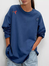 Embroidered Crew Neck Long Sleeve Sweatshirt Blue OutfitFlow