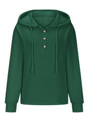Drawstring Quarter Button Long Sleeve Hoodie OutfitFlow