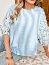 Striped Floral Sleeve Casual Blouse Light Blue OutfitFlow