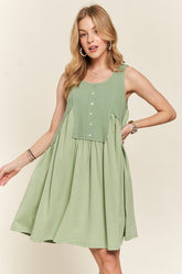 ADORA Decorative Button Sleeveless Babydoll Dress Sage OutfitFlow