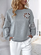 Perfee Cutout Pearl Round Neck Long Sleeve Sweatshirt Gray OutfitFlow