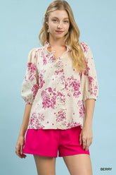 Umgee Floral Embroidered Blouse with Ruffle Trim BERRY OutfitFlow