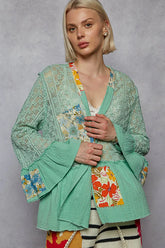 POL Lace Ruffled Hem Open Front Cardigan MINT GREEN OutfitFlow