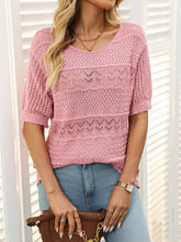 Openwork Round Neck Half Sleeve Knit Top Blush Pink OutfitFlow