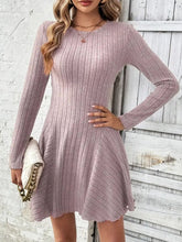 Ribbed Round Neck Long Sleeve Mini Dress Dusty Pink OutfitFlow
