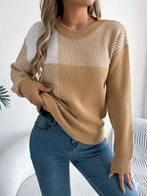 Color Block Striped Round Neck Sweater Khaki OutfitFlow