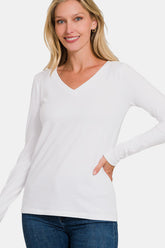 Zenana Full Size V-Neck Long Sleeve T-Shirt White OutfitFlow