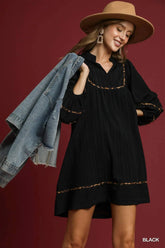 Umgee Full Size Textured Babydoll Dress with Leopard Trim Plus Size Black OutfitFlow