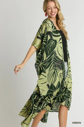Umgee Satin Tropical Plant Print Open Front Kimono with Ruffle Details Green OutfitFlow