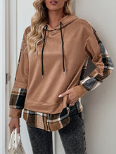 Perfee Drawstring Slit Plaid Long Sleeve Hoodie Camel OutfitFlow
