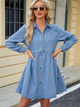 Tiered Button Up Long Sleeve Denim Dress Medium OutfitFlow