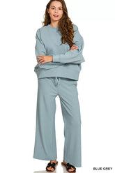 Zenana Ribbed Round Neck Pullover and Drawstring Pants Set BLUE GREY OutfitFlow