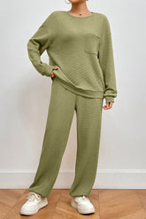 Pocketed Round Neck Top and Pants Lounge Set Matcha Green OutfitFlow