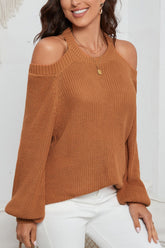 Cutout Back Cold Shoulder Long Sleeve Sweater Caramel OutfitFlow