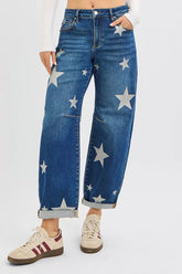 RISEN Mid Rise Ankle Length Relaxed Barrel Star Printed Jeans DARK OutfitFlow