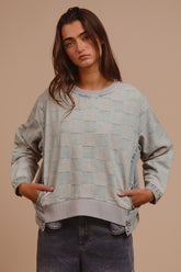 BiBi Mineral Washed Checkered Round Neck Denim Top DENIM OutfitFlow