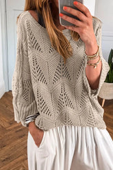 Openwork Round Neck Knit Top Beige OutfitFlow