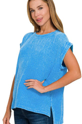 Zenana Woven Double Gauze Acid Washed Short Sleeve Top DEEP SKY OutfitFlow