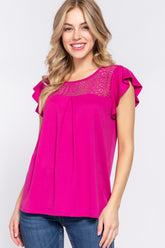 ACTIVE BASIC Ruffle Short Sleeve Lace Detail Knit Top MAGENTA OutfitFlow