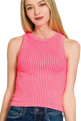Zenana Ribbed Washed Seamless Tank Top N CORAL FUCHSIA OutfitFlow