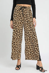 Umgee Leopard Print Wide-Leg Drawstring Pants NATURAL OutfitFlow