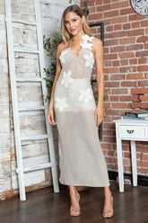 Crochet Flower Halter Neck Knit Dress Cream OutfitFlow