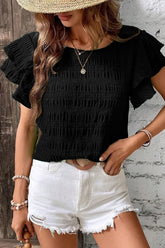 Round Neck Ruffled Layered Short Sleeve Blouse Black OutfitFlow