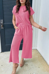 Corded Knit Short Sleeve T-Shirt and Wide Leg Pants Set Fuchsia Pink OutfitFlow