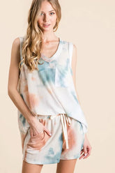 BiBi Tie Dye Textured Knit Top and Shorts Set TAUPE DUSTY BLUE OutfitFlow
