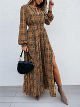 Slit Plaid Tie Neck Long Sleeve Maxi Dress Camel OutfitFlow