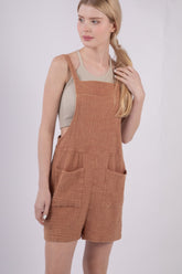 VERY J Sleeveless Double Gauze Overalls with Pockets Mocha OutfitFlow