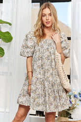 ADORA Floral Square Neck Puff Sleeve Dress Light Blue OutfitFlow