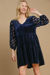 Umgee Dotted Lace Sleeve Tiered Velvet Mini Dress Navy OutfitFlow