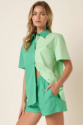 Mittoshop Color Block Short Sleeve Shirt and Shorts Set GREEN MINT OutfitFlow