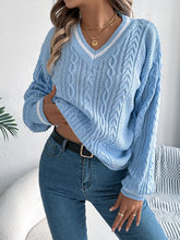 Cable Knit V-Neck Long Sleeve Sweater Blue OutfitFlow