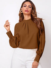 Ruched Mock Neck Long Sleeve Blouse Brown OutfitFlow