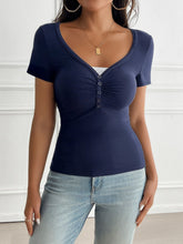 Devine Decorative Button Short Sleeve T-Shirt Navy OutfitFlow