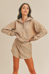 MABLE Corduroy Half Zip Top and Shorts Set Taupe OutfitFlow