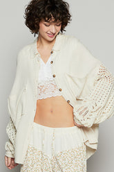 POL Openwork Lantern Sleeve Button Down Gauze Shirt Natural OutfitFlow