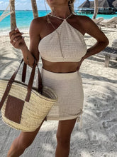 Tied Top and Drawstring Mini Skirt Set Tan OutfitFlow